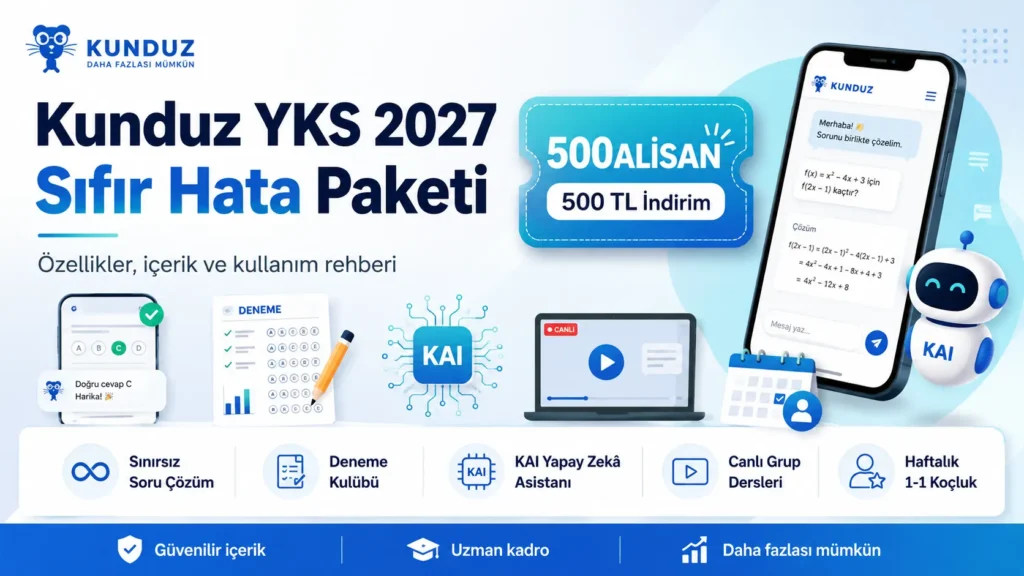 Kunduz YKS 2027 Sıfır Hata Paketi özellikleri ve 500ALİSAN indirim kodu